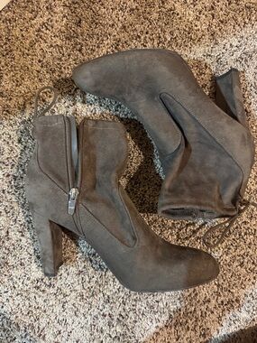 Marc Fisher Taupe Suede Ankle Booties with Block Heel
